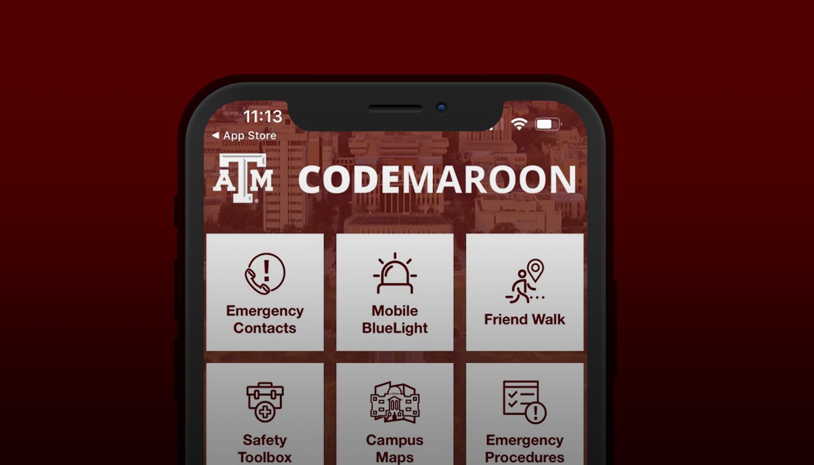 screenshot of Maroon app on maroon background